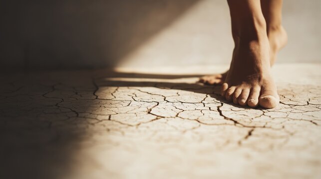Human feet treading on parched, cracked ground, symbolizing resilience, environmental crisis, desertification, and arid conditions