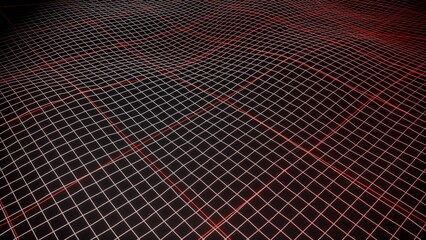 Abstract 3D digital red wireframe grid background. Clean geometric mesh terrain wave texture with glowing vector grid lines representing game design viewport and computing technology matrix. © Craig