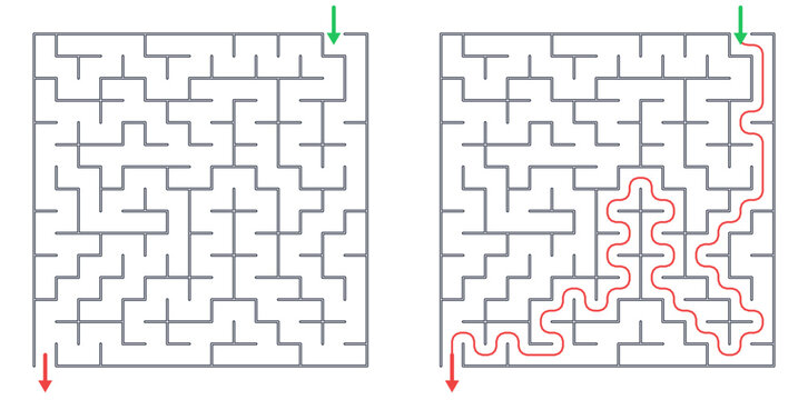 Square maze for kids, medium difficulty printable logic game, find the way from start to exit, line art, activity worksheet page with solution
