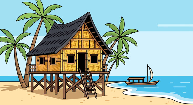 Beach hut on stilts palm trees.