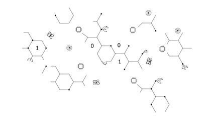 Fototapeta premium Futuristic abstract background with hexagons, circuit boards, binary code, and atoms, representing quantum computing and science.