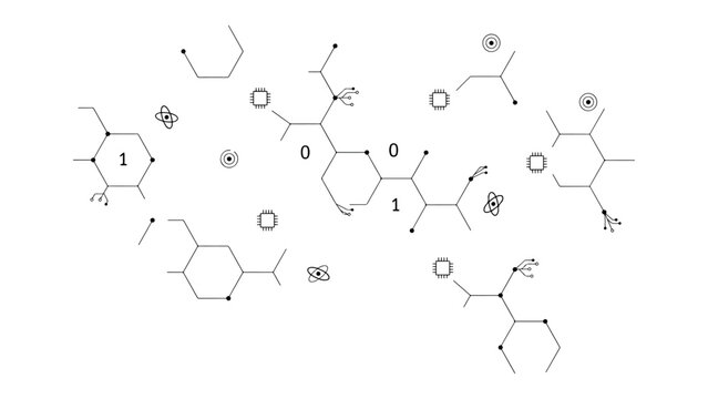 Futuristic abstract background with hexagons, circuit boards, binary code, and atoms, representing quantum computing and science.