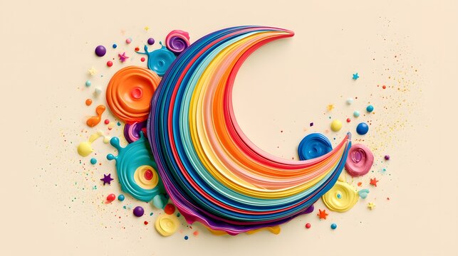Crescent moon made from flowing rainbow paint layers, surrounded by colorful paint splash circles.
