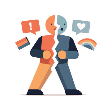 Single abstract geometric figure appears visually divided by incompatible symbols suggesting identity strain caused by online