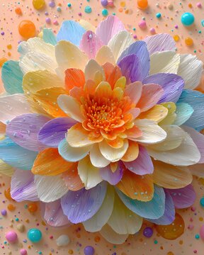 Oversized flower with layered rainbow petals formed from liquid acrylic paint, glossy paint splashes radiating outward.