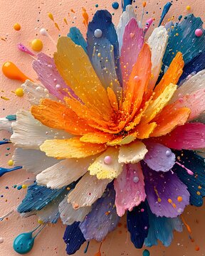 Oversized flower with layered rainbow petals formed from liquid acrylic paint, glossy paint splashes radiating outward.