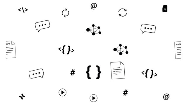 Abstract technology pattern with coding symbols programming icons software development signs network connections and digital data elements on background.