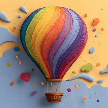 HOT AIR BALLOON made from layered rainbow acrylic paint strokes, surrounded by glossy paint splashes, colorful paint droplets.