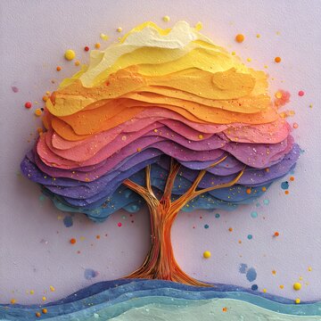 TREE made from layered rainbow acrylic paint strokes, surrounded by glossy paint splashes, colorful paint droplets.