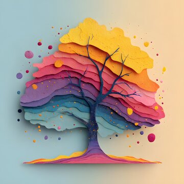 TREE made from layered rainbow acrylic paint strokes, surrounded by glossy paint splashes, colorful paint droplets.