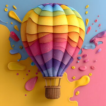 HOT AIR BALLOON made from layered rainbow acrylic paint strokes, surrounded by glossy paint splashes, colorful paint droplets.
