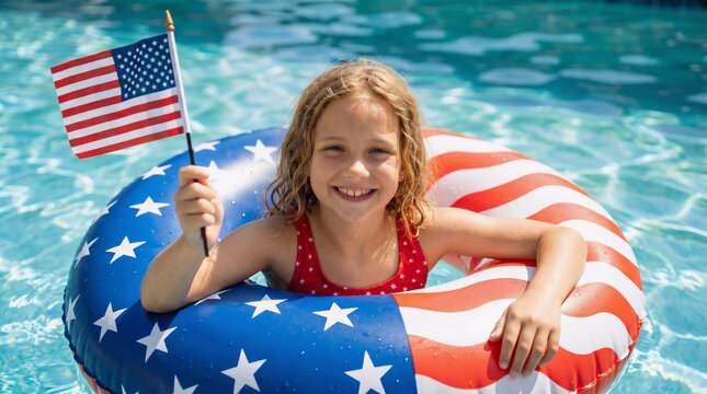 Child girl holding American flag while enjoying patriotic pool float in swimming pool celebrating 4th of July and Independence Day, summer family vacation, freedom, happiness and holiday fun