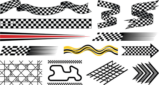 Racing checkered flag elements vector set featuring sports finish line banners speed streaks car track graphic patterns and motorsport competition design signs