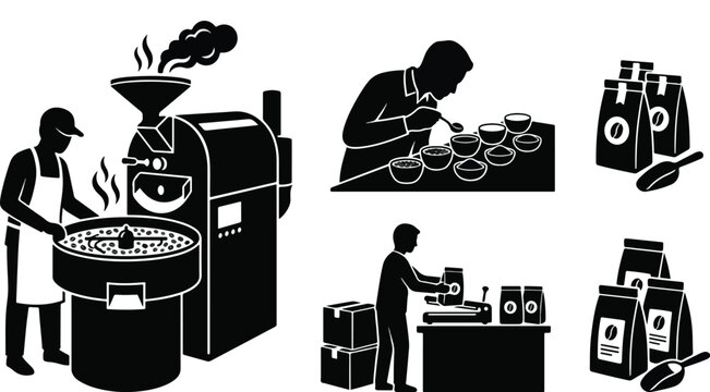 Coffee roasting machine packaging and cupping silhouette vector set