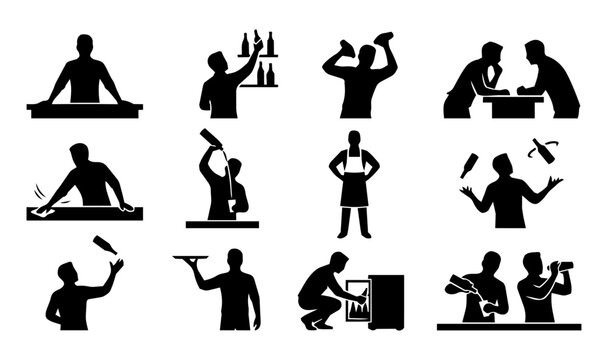 Bartender Character Action Silhouette Icon Set
