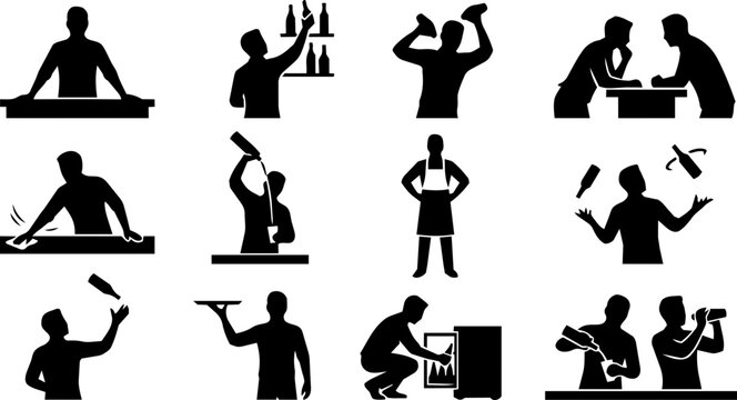 Bartender Character Action Silhouette Icon Set