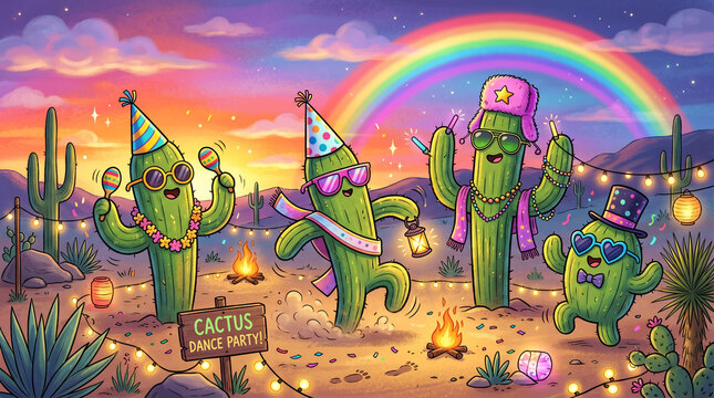 Whimsical scene of dancing cacti wearing sunglasses and party hats under a rainbow sunset, fun and absurd