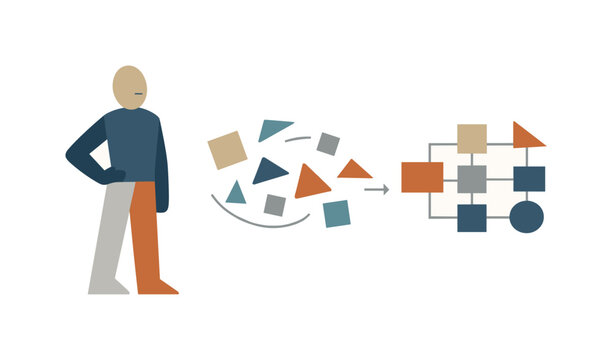 Abstract figure organizes scattered shapes into structured diagram