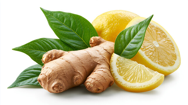 Fresh ginger root with lemon slices and green leaves on white background