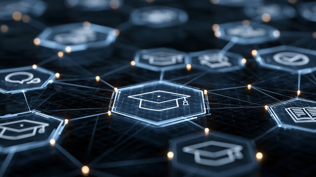 High technology digital network with education icons and glowing connections
