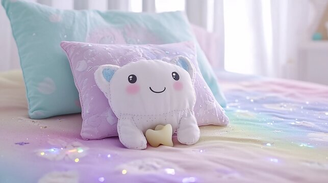 Cute white plush toy holding a baby tooth on a colorful rainbow bed with purple pillows and magical sparkles