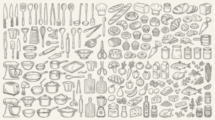 Obraz premium Hand-drawn black and white kitchenware and food icons.