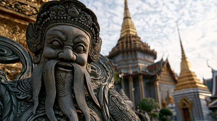 Fototapeta premium Close-Up of Ornate Mythical Statue with Temple Architecture in Background