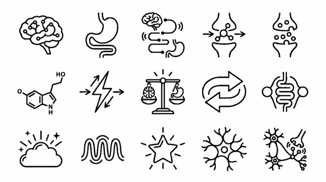 Medical Line Icon Set Representing Gut Brain Axis Connection and Mental Health Wellness.