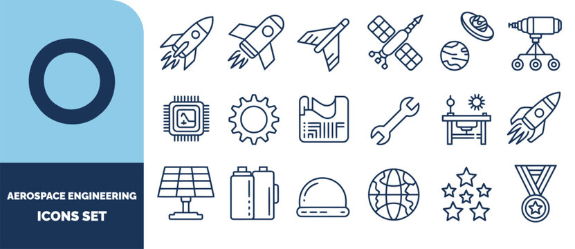 Aerospace engineering set, featuring rockets, satellites, space exploration equipment, planetary globes, and technical components