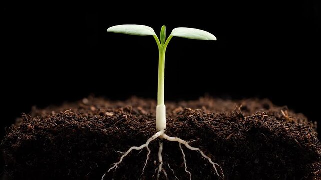 Green seedling emerging from rich brown soil with visible roots against pure black background. Perfect for educational content, eco-branding, motivational visuals