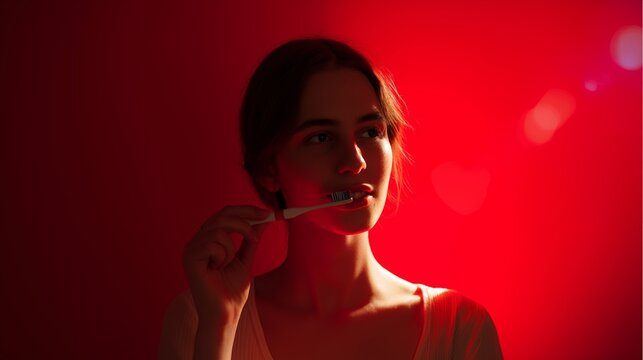 Woman holding toothbrush against a vivid red background with strong light, focusing on oral hygiene and fresh health