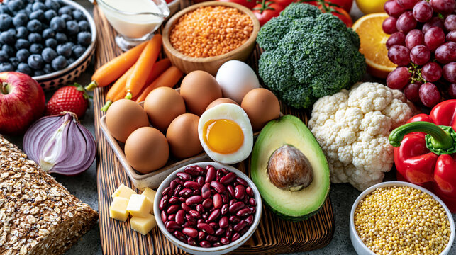 Fresh assortment of healthy fruits, vegetables, eggs, nuts, and grains on rustic wooden table