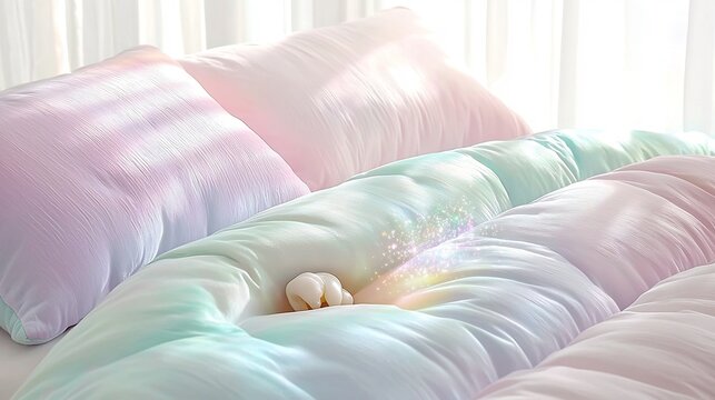 Baby tooth resting on a pastel quilted bedspread with magical glowing sparkles and soft pink and blue pillows