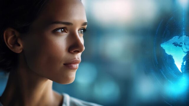 A close up portrait of a determined woman looking ahead, illuminated by blue digital graphics. The scene symbolizes future vision, leadership, and advanced technological progress