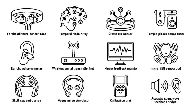 Neuroscience and Brain Monitoring Technology Icon Set with Medical Sensors and Devices.