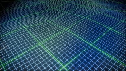 Abstract 3D digital green wireframe grid background. Clean geometric mesh terrain wave texture with glowing vector grid lines representing game design viewport and computing technology matrix. © Craig