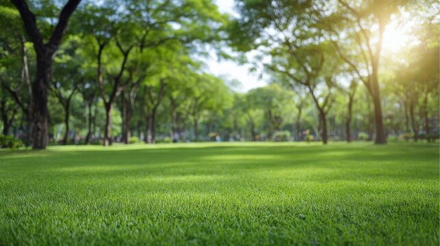Lush green grass lawn in a serene public park, sun rays glowing through green trees, peaceful natural outdoor setting