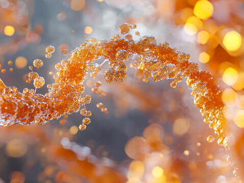 Orange particles suspended in mid air with a bokeh effect. Realistic 3D digital rendering. Suitable for technology visuals, scientific illustrations, and abstract art projects.