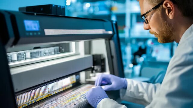 A researcher in a white lab coat and gloves works with high tech DNA sequencing machinery in a state of the art laboratory. The scene highlights innovation and precision in genetic research