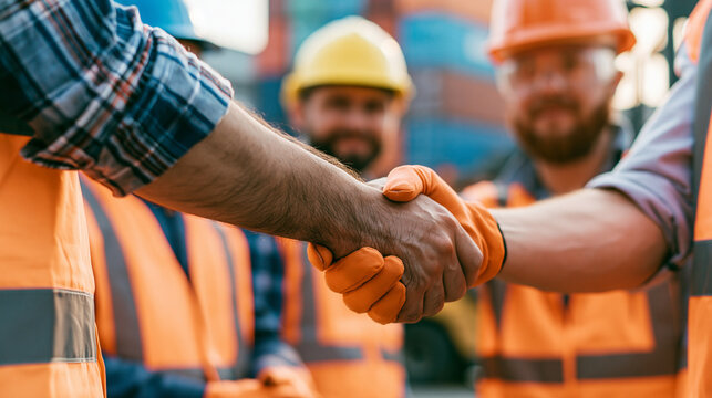 Close-up handshake between construction workers with safety gear outdoor