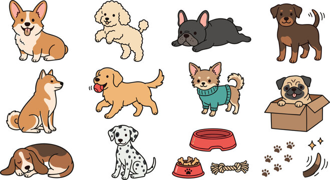 Cute cartoon dog breeds vector illustration set featuring corgi golden retriever pug poodle beagle shiba inu dalmatian and puppy elements
