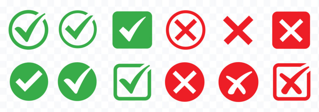Green check mark and red cross icon set, circle and square. Tick symbol in green color. Hand drawn checkmark illustration. set button correct right wrong buttons or yes or no checkmark. BEST EPS 10