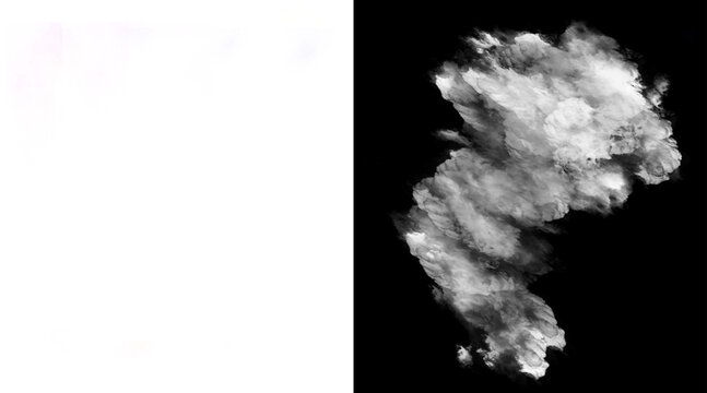 Atmospheric white smoke plume on black background, ethereal steam cloud texture, cinematic fog effect for compositing and design