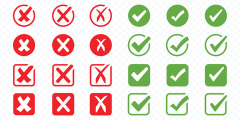 Green check mark and red cross icon set, circle and square. Tick symbol in green color. Hand drawn checkmark illustration. hand drawn doodle check mark, grunge brush vector. © icon studio 333