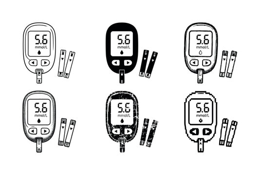 Collection of glucose meters and test strips in various artistic styles