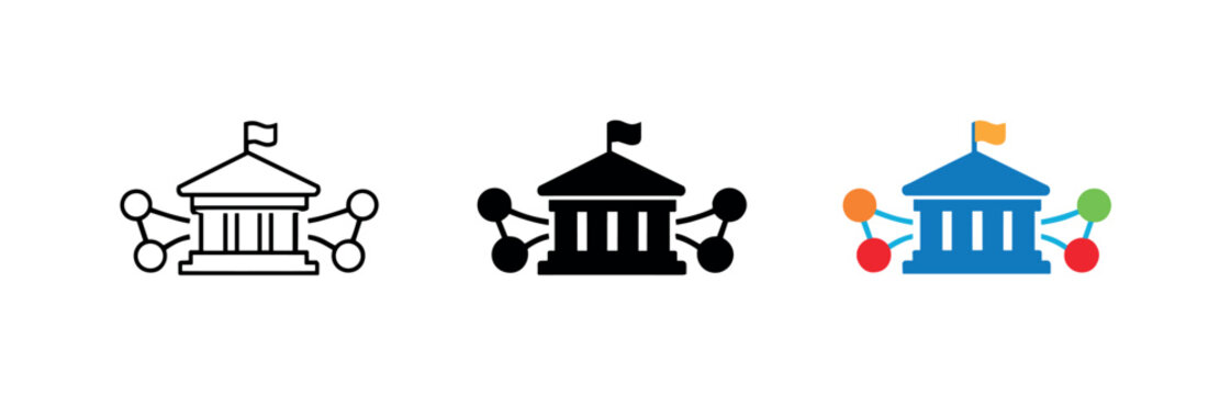 Public administration connectivity concept showing a unified civic portal emblem combining a government building and network