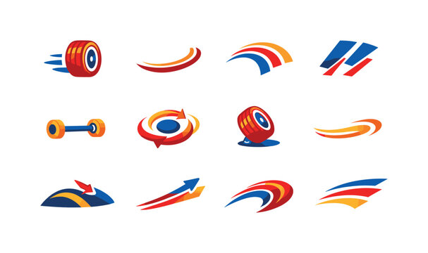 Two-Color vector icons of motion and wheels: rolling wheel, curved deck line, motion arc, drift mark; tiny axle, rotation ring,