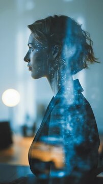 A creative double exposure portrait of a woman in profile, merging her silhouette with futuristic digital graphics. The image evokes innovation, contemplation, and the digital age