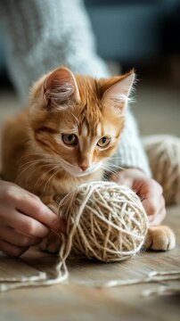 Cute orange tabby kitten interacts with a tangled ball of string, capturing a heartwarming and playful moment. The cozy atmosphere and gentle hands create a sense of warmth and comfort