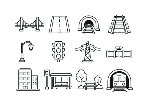 Line style vector icons of City construction icons: bridge, road, tunnel, railway; streetlight, traffic light, power line, water